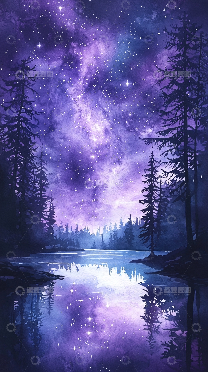 高清大图下载【趣麦麦图】梦幻森林星空湖景