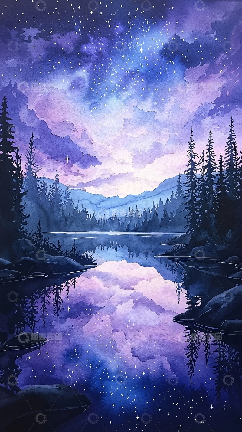 高清大图下载【趣麦麦图】夜色湖畔星空下的宁静