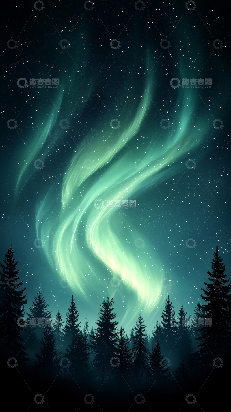 高清大图下载【趣麦麦图】极光下的森林夜景