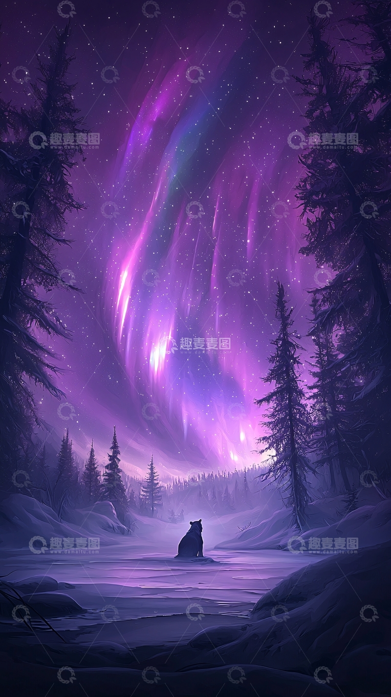 高清大图下载【趣麦麦图】极光下的雪地森林