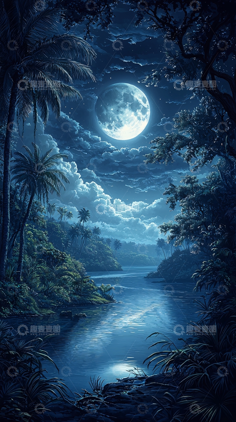 高清大图下载【趣麦麦图】月光下的热带丛林夜景