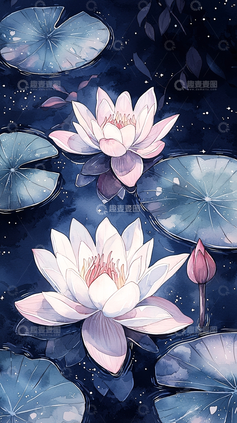 高清大图下载【趣麦麦图】夜色中的莲花与荷叶