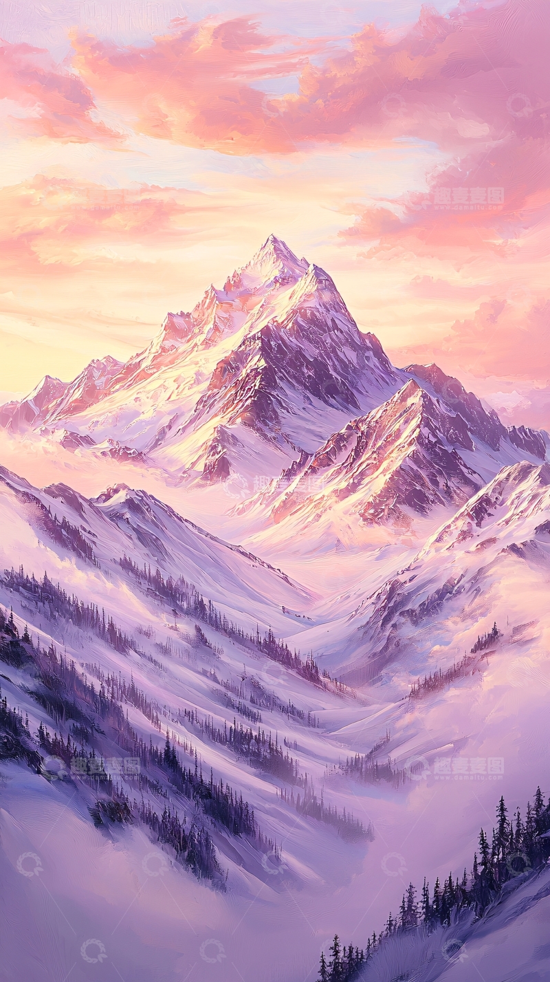 高清大图下载【趣麦麦图】雪山日落风景插画