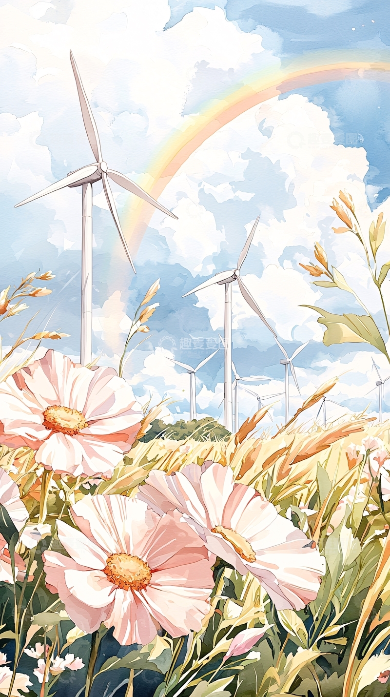 高清大图下载【趣麦麦图】风车与彩虹下的花海