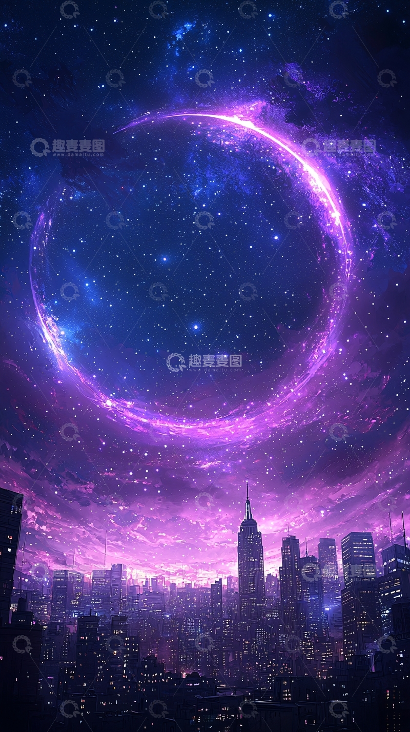 高清大图下载【趣麦麦图】紫色星空下的未来城市