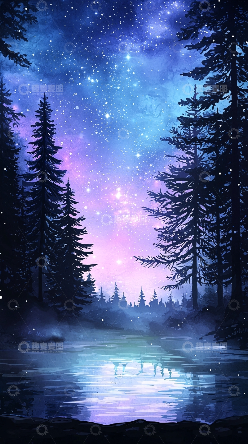 高清大图下载【趣麦麦图】夜色森林星空湖景