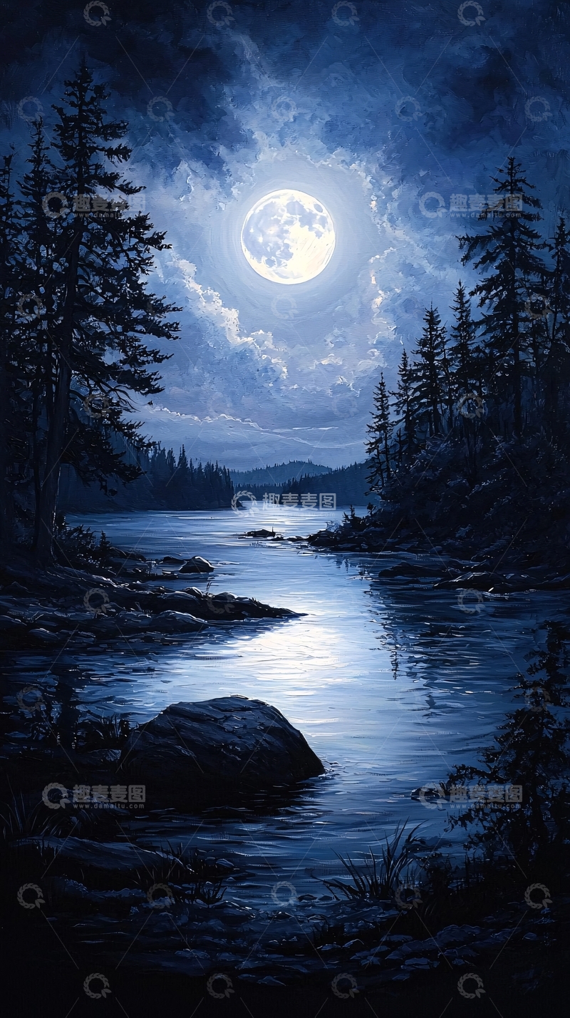 高清大图下载【趣麦麦图】月光下的宁静河流
