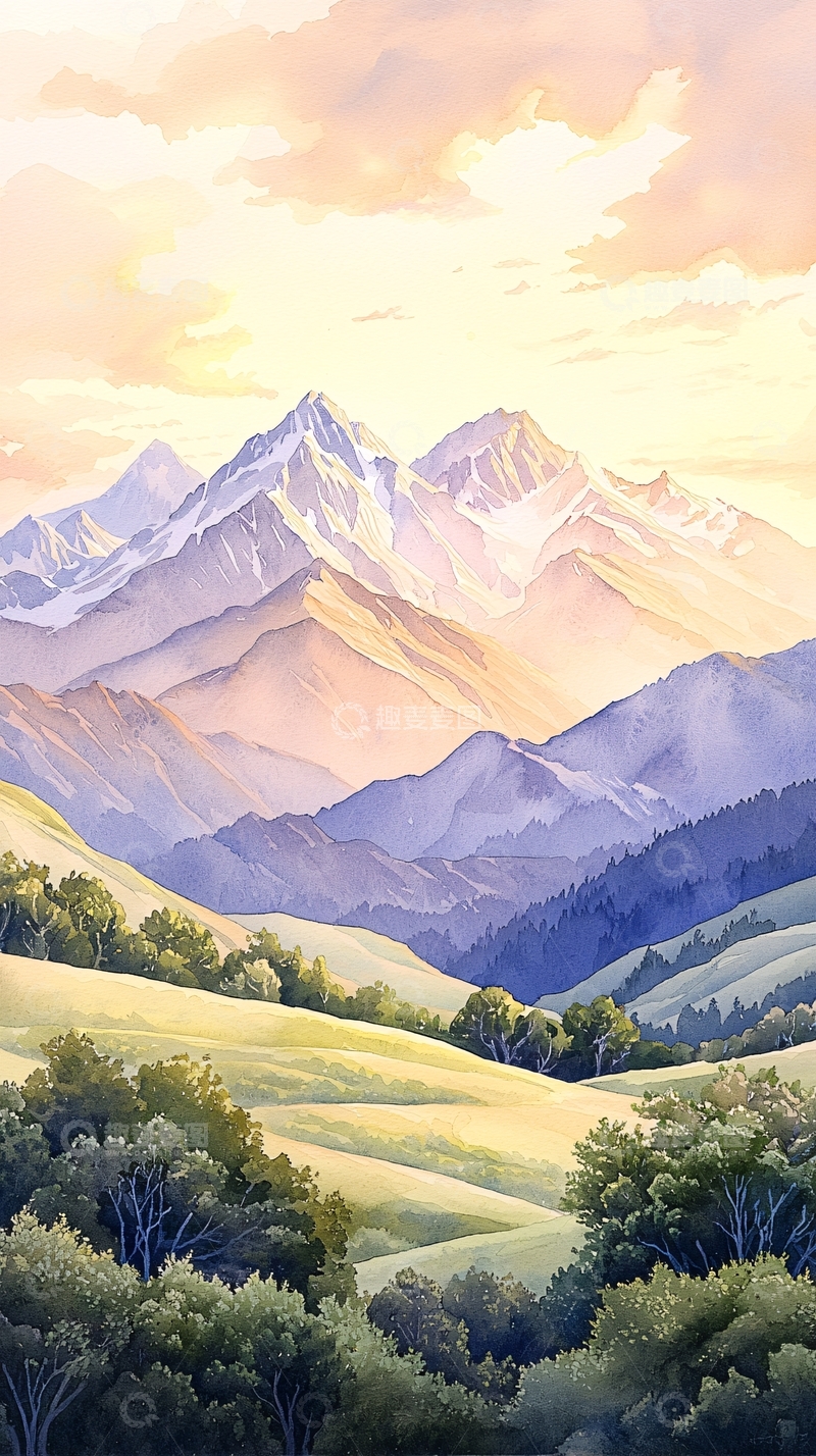 高清大图下载【趣麦麦图】雪山草原风景插画
