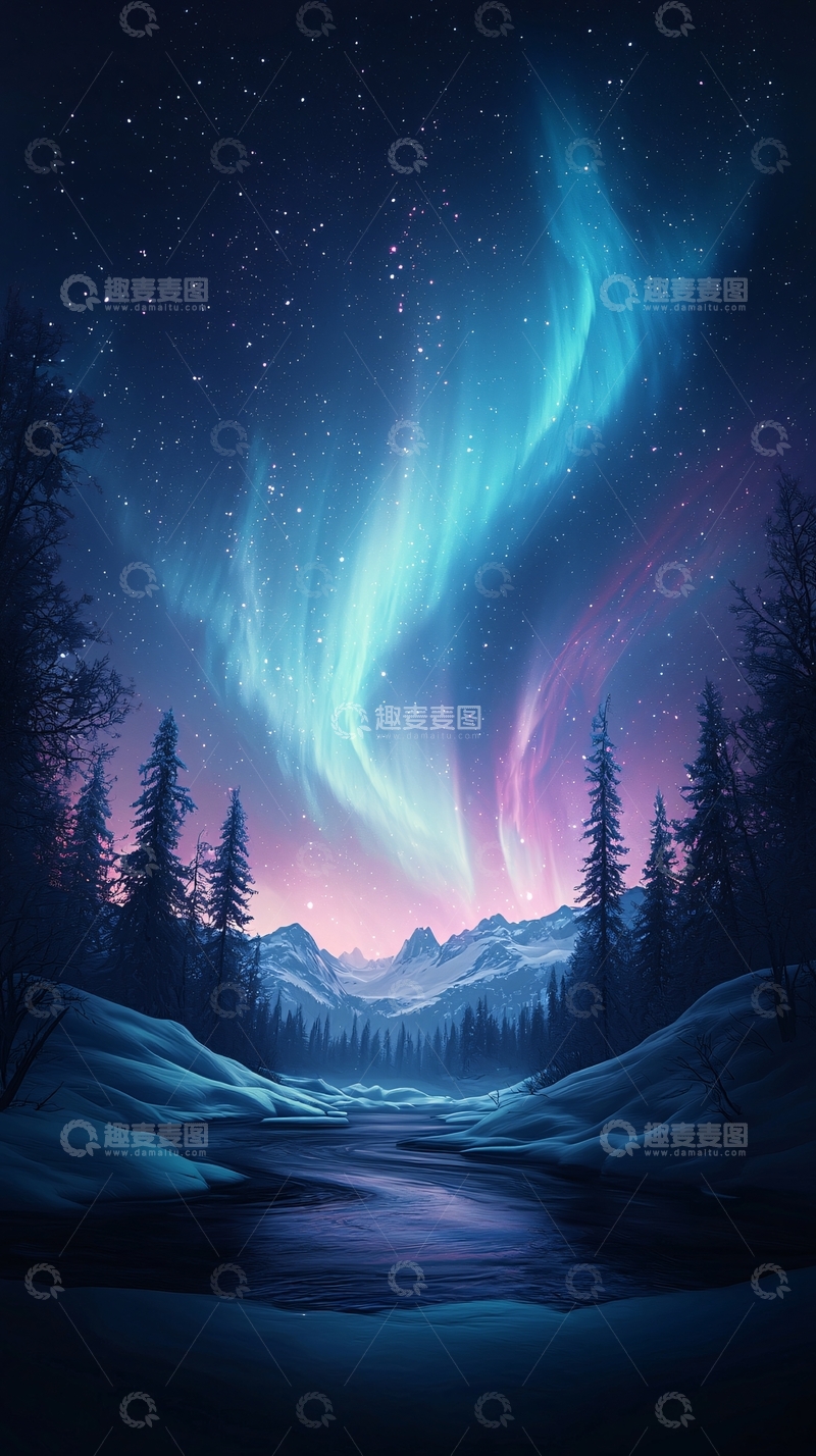 高清大图下载【趣麦麦图】极光下的雪景森林