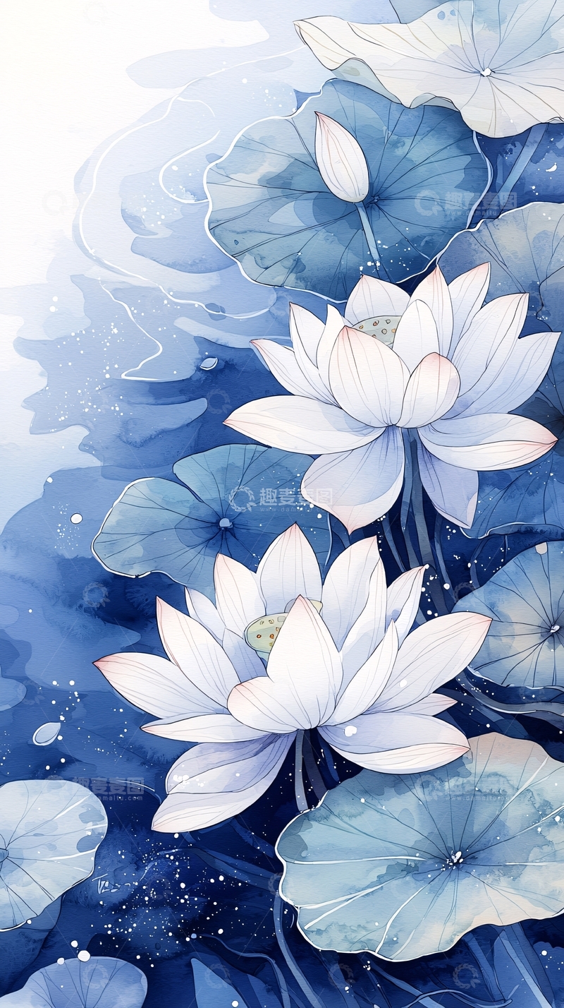 高清大图下载【趣麦麦图】蓝色荷叶莲花水彩画背景