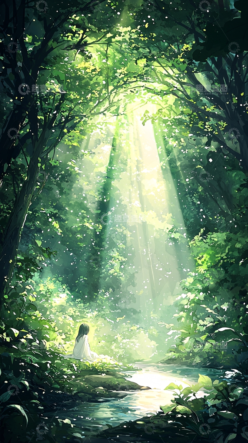 高清大图下载【趣麦麦图】森林中的阳光与少女