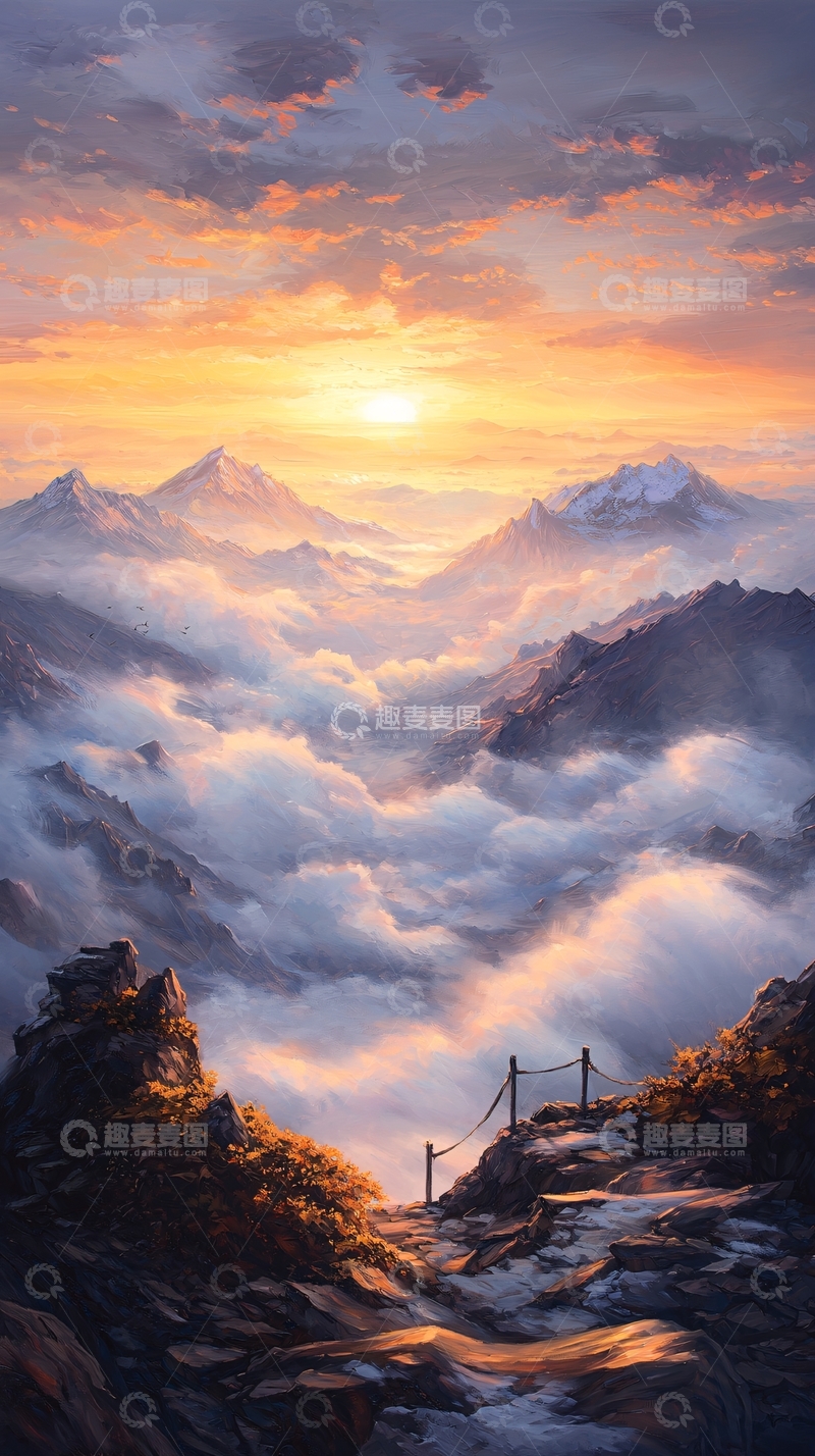 高清大图下载【趣麦麦图】日出山间云海石径