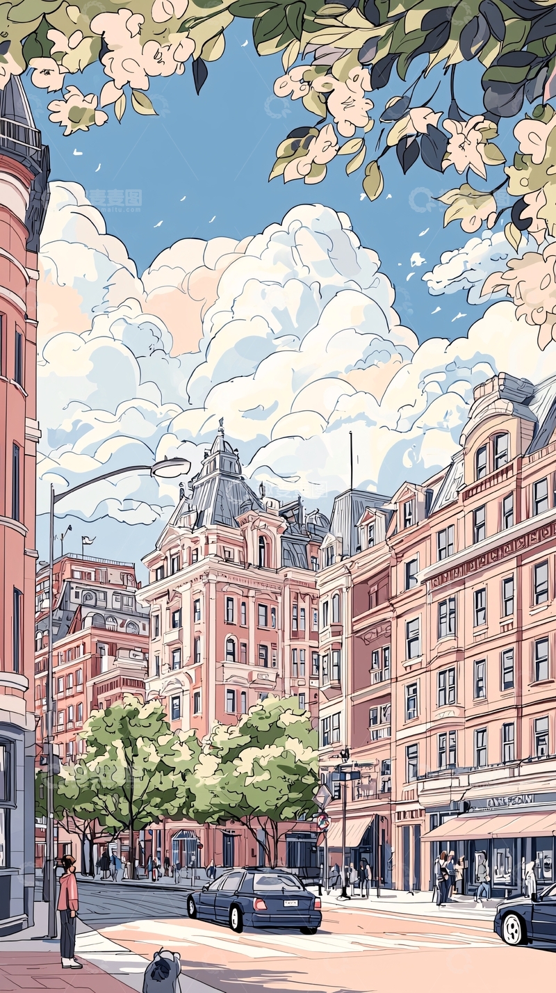 高清大图下载【趣麦麦图】粉色建筑下的街道风景