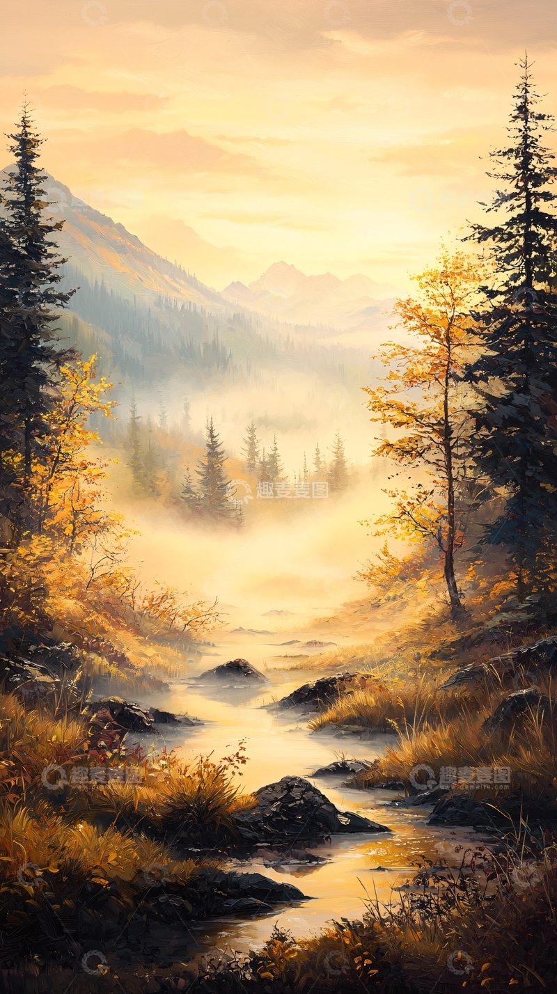 高清大图下载【趣麦麦图】秋日山间小溪晨雾