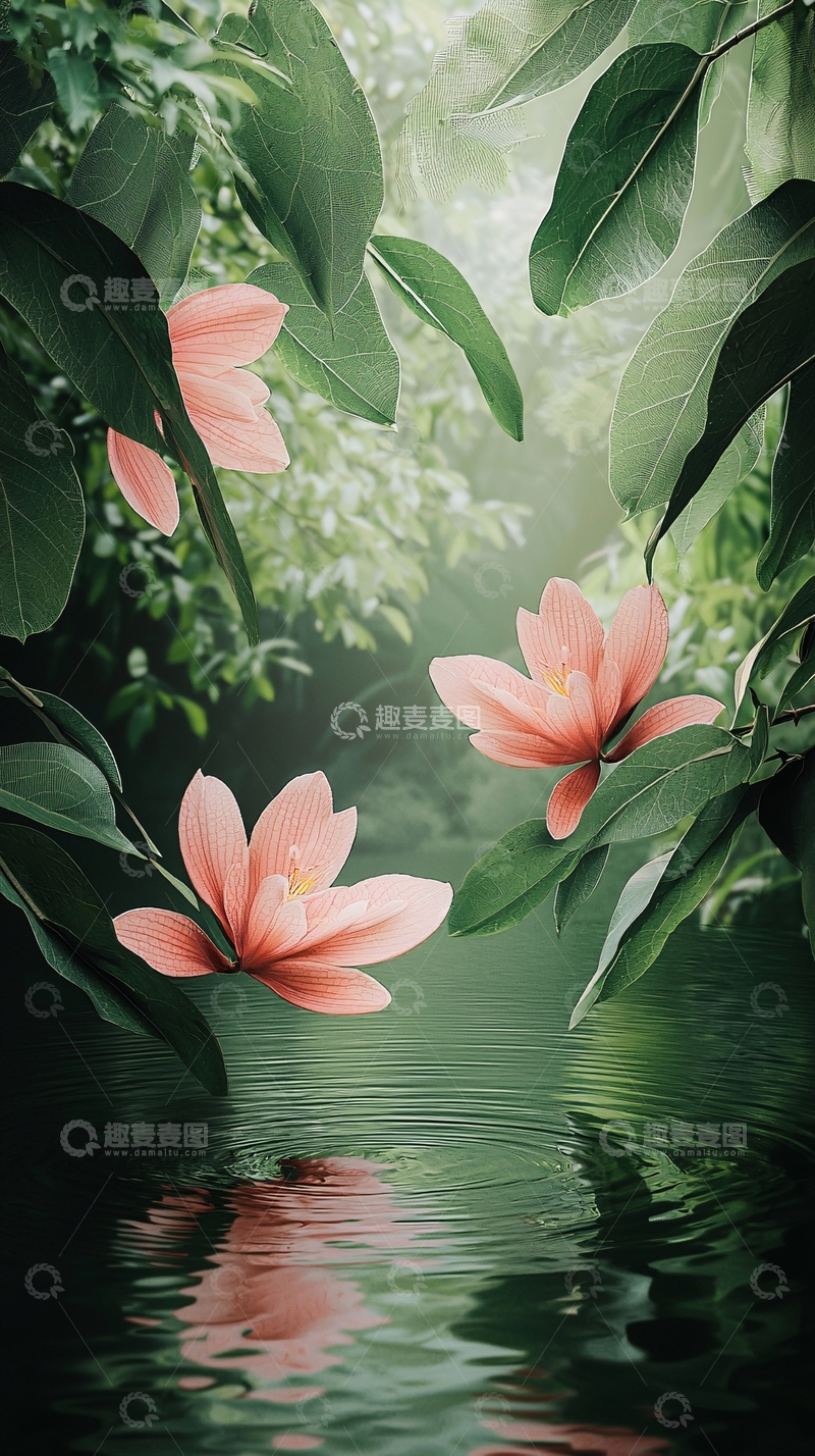 高清大图下载【趣麦麦图】粉花绿叶静谧湖景