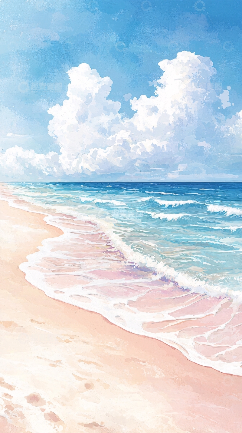 高清大图下载【趣麦麦图】海滩海浪沙滩风景画