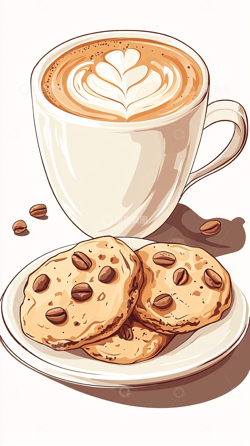 高清大图下载【趣麦麦图】咖啡拿铁与巧克力饼干插画