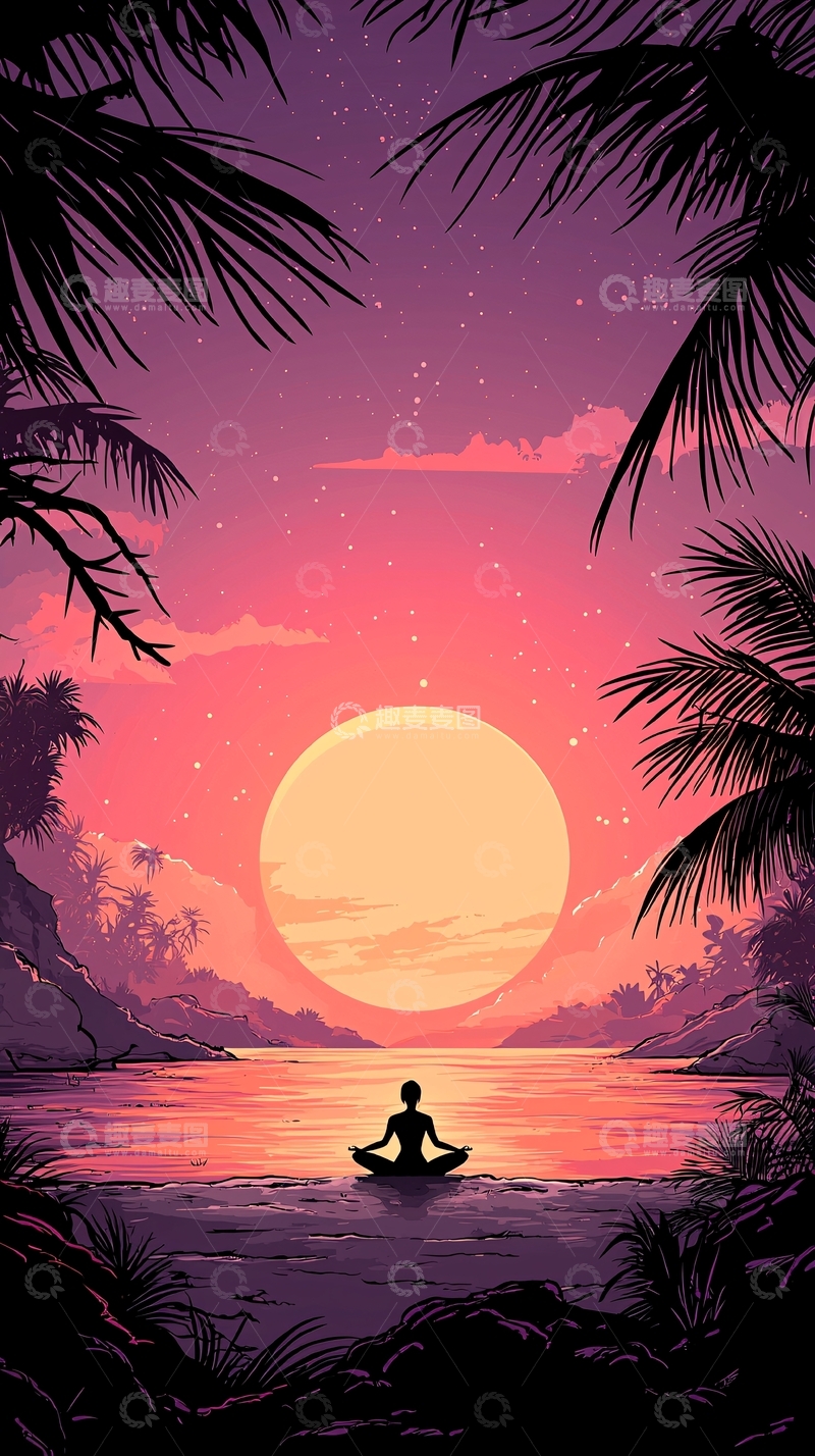 高清大图下载【趣麦麦图】宁静海滩冥想日落场景