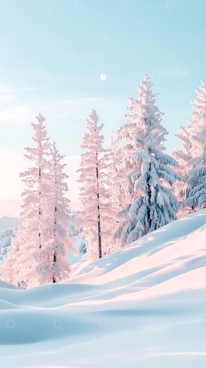 高清大图下载【趣麦麦图】冬日雪景松树月光