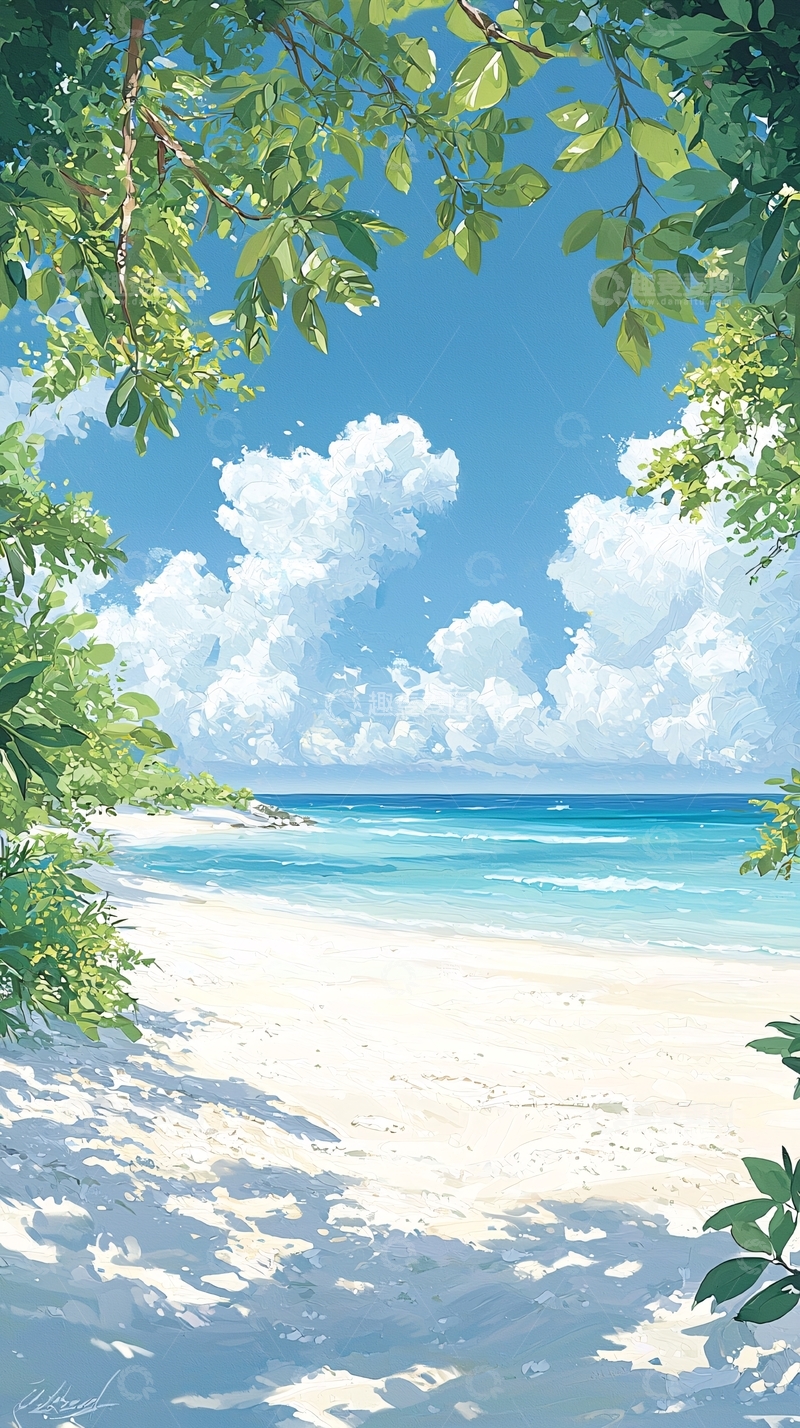 高清大图下载【趣麦麦图】夏日海滩风景插画