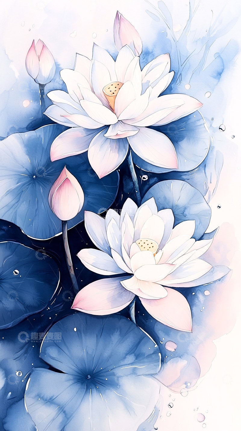 高清大图下载【趣麦麦图】水彩荷花莲叶背景图