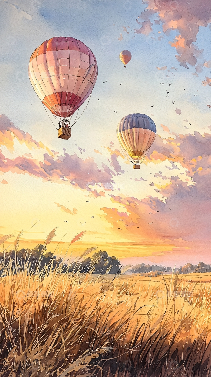 高清大图下载【趣麦麦图】热气球日落田野风景