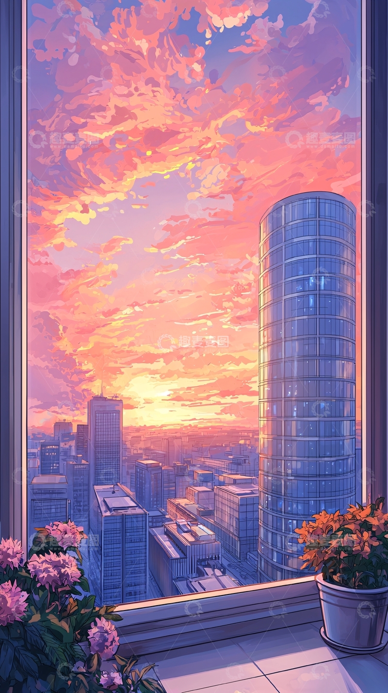 城市日落高楼窗景