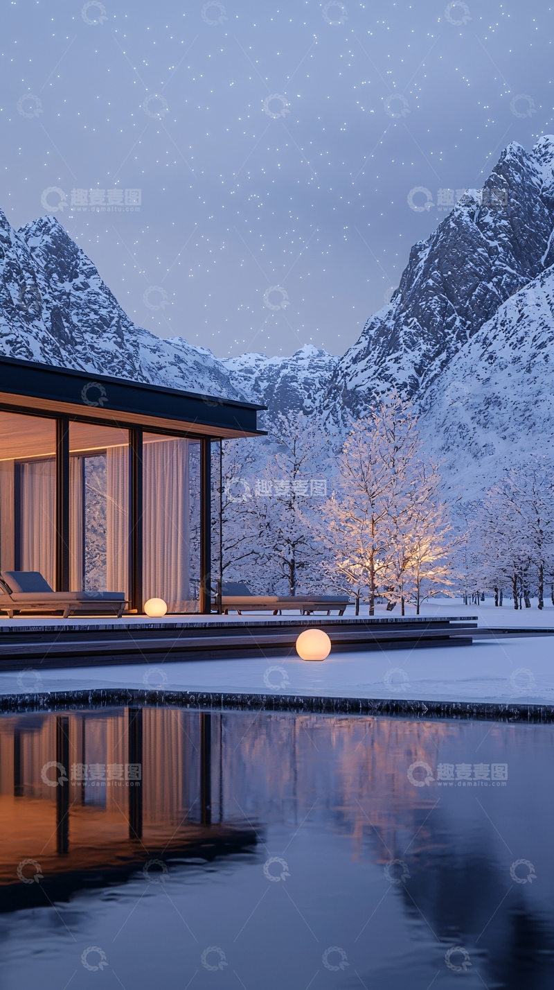 高清大图下载【趣麦麦图】冬夜山间温泉别墅