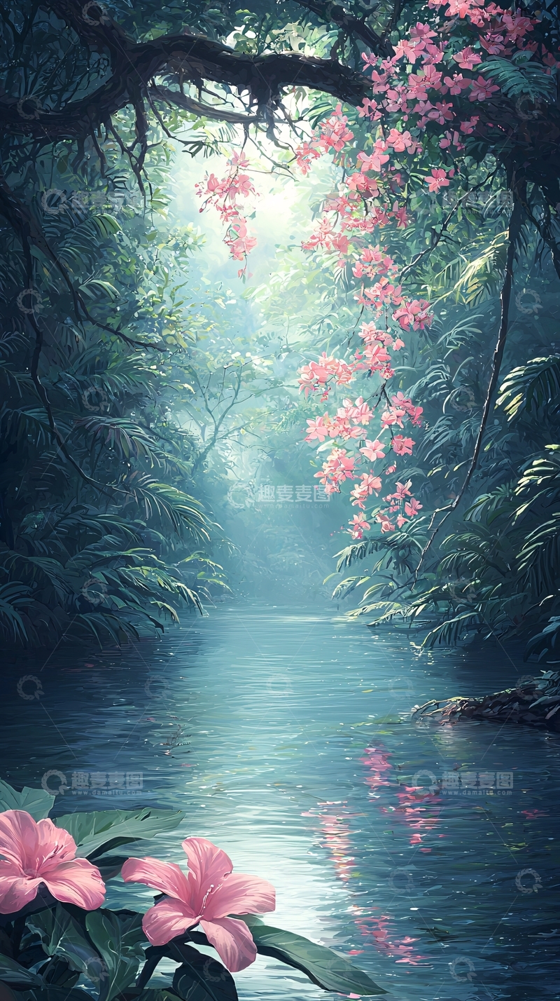 高清大图下载【趣麦麦图】梦幻丛林中的小溪