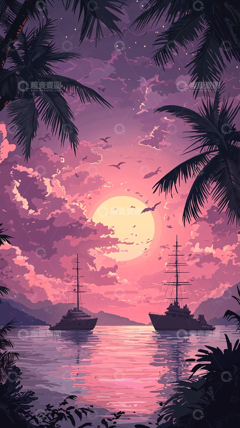 高清大图下载【趣麦麦图】夕阳下的热带海滩与帆船