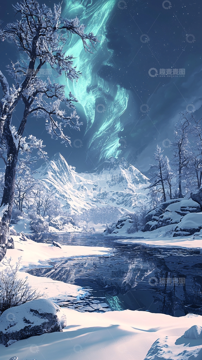 高清大图下载【趣麦麦图】冬夜雪山下的河流
