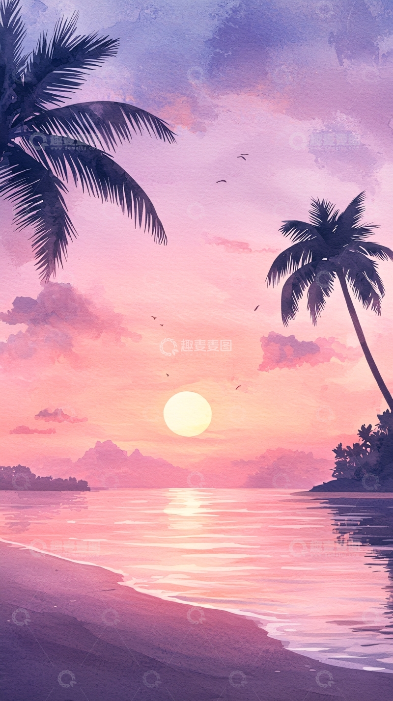 高清大图下载【趣麦麦图】日落海滩椰树风景
