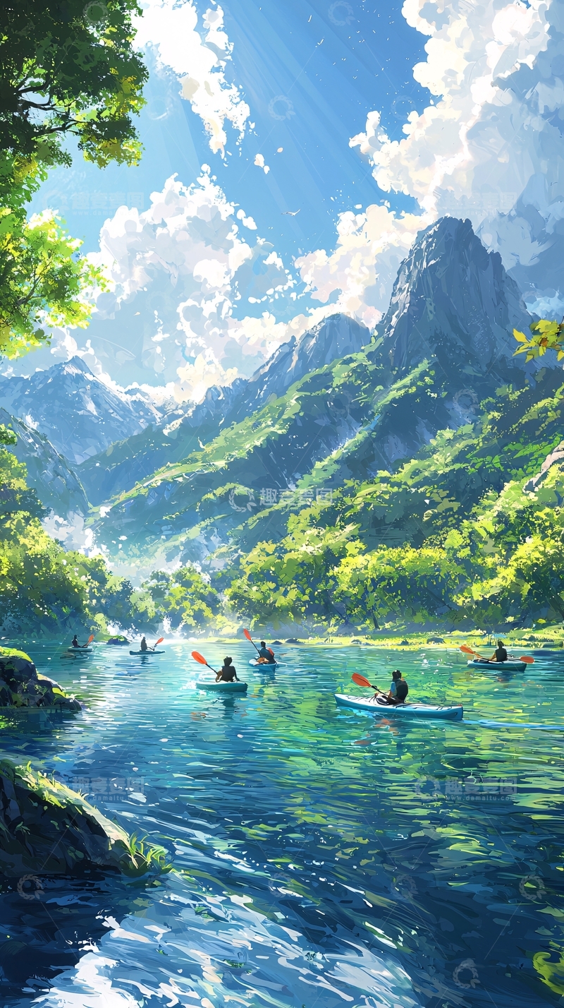 高清大图下载【趣麦麦图】夏日山间划船风景