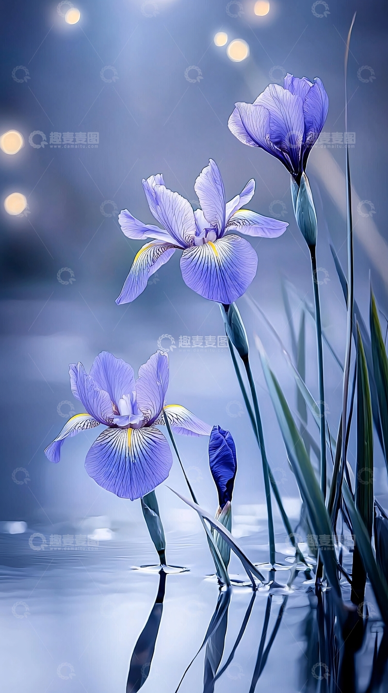 蓝色鸢尾花与水景