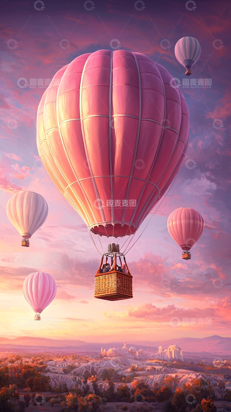 高清大图下载【趣麦麦图】粉色热气球日落风景