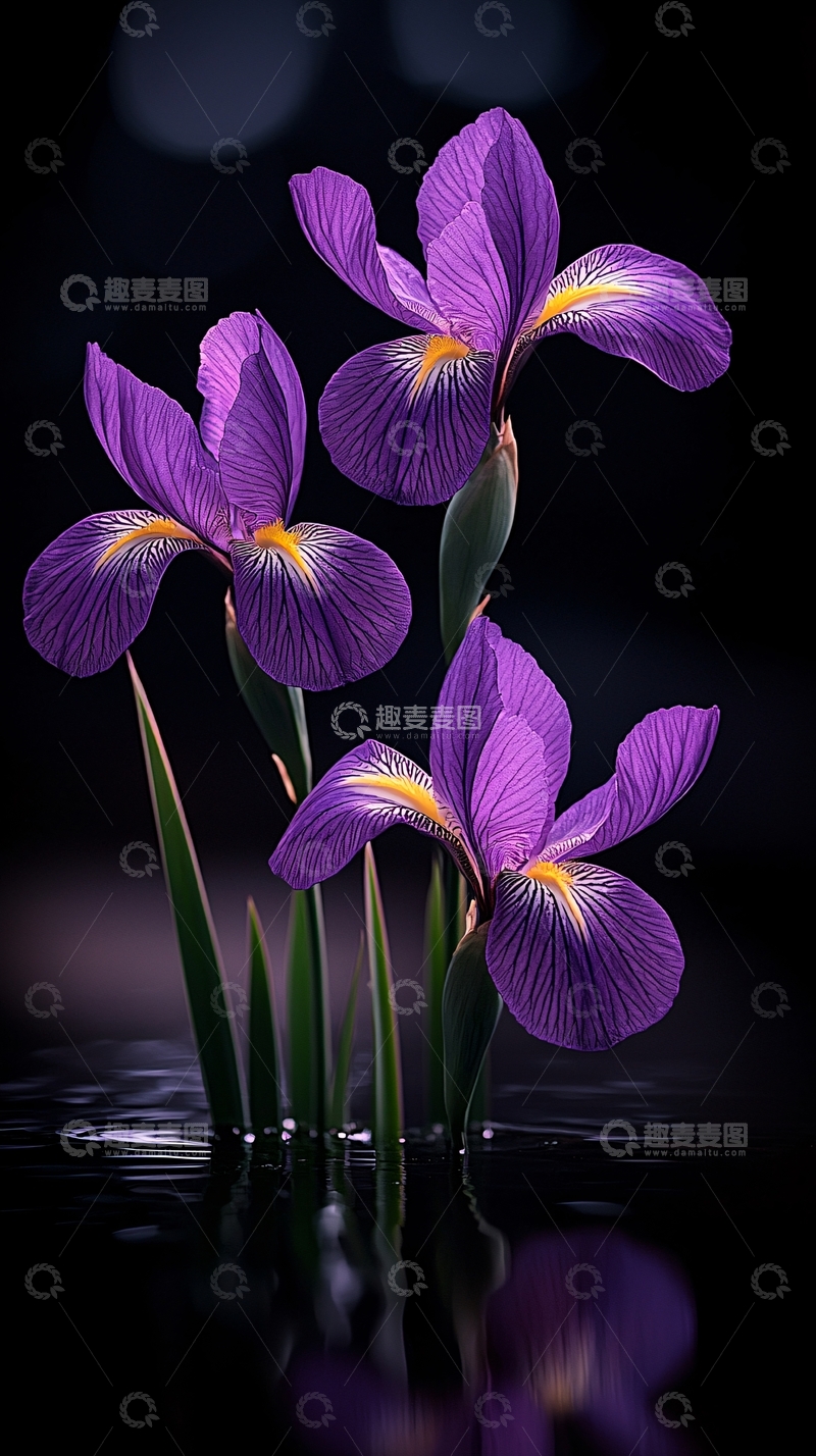 紫色鸢尾花与水面倒影