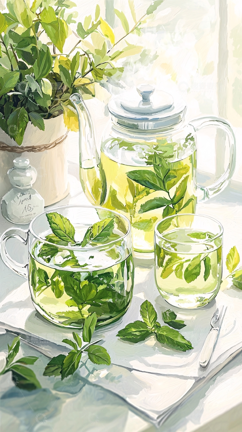 高清大图下载【趣麦麦图】清新薄荷茶水壶与杯子