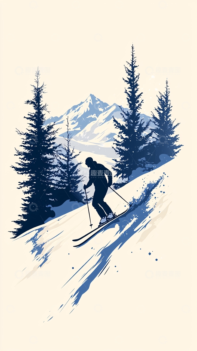 高清大图下载【趣麦麦图】冬季滑雪山景插画