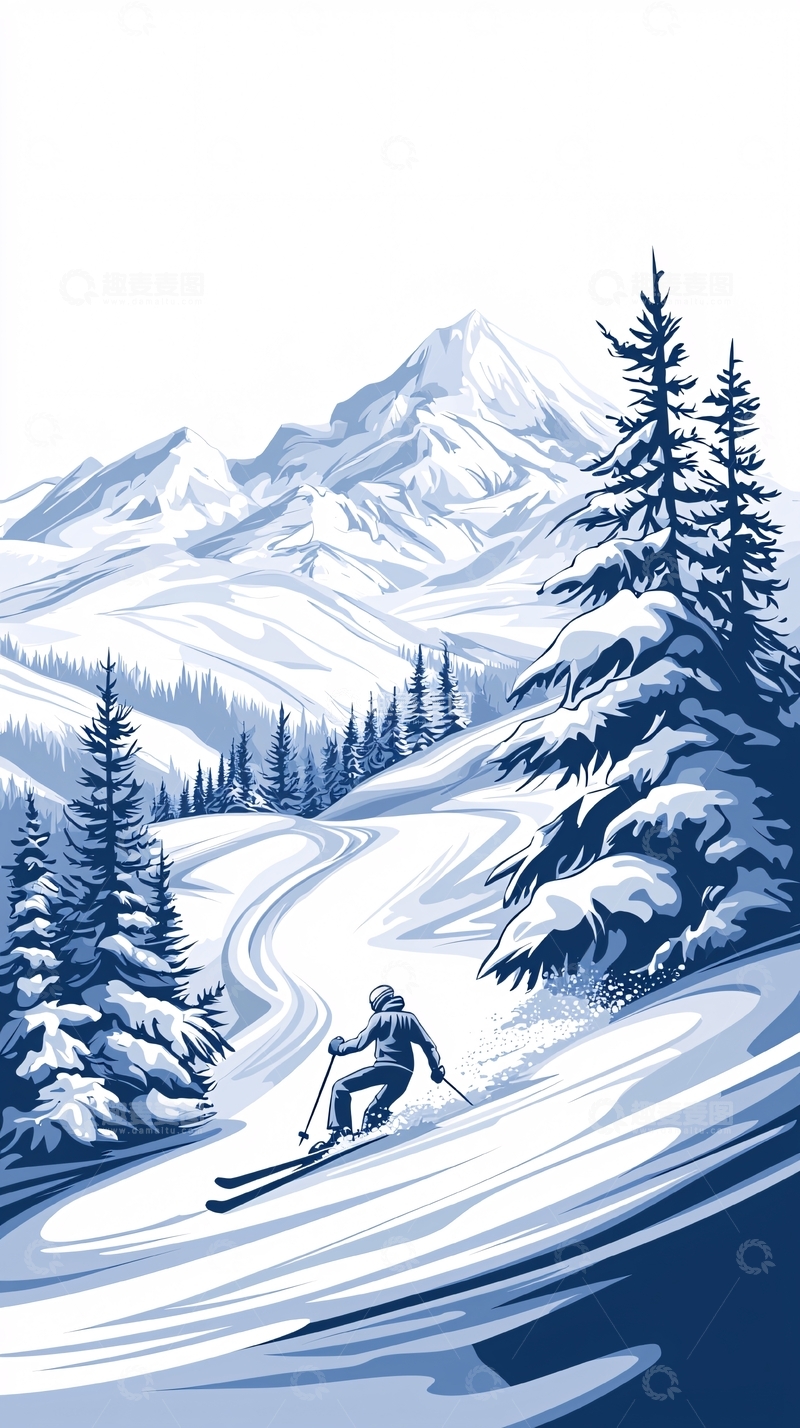 高清大图下载【趣麦麦图】冬季滑雪山景插画
