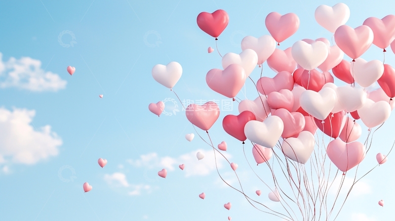 高清大图下载【趣麦麦图】粉色心形气球飘在蓝天上