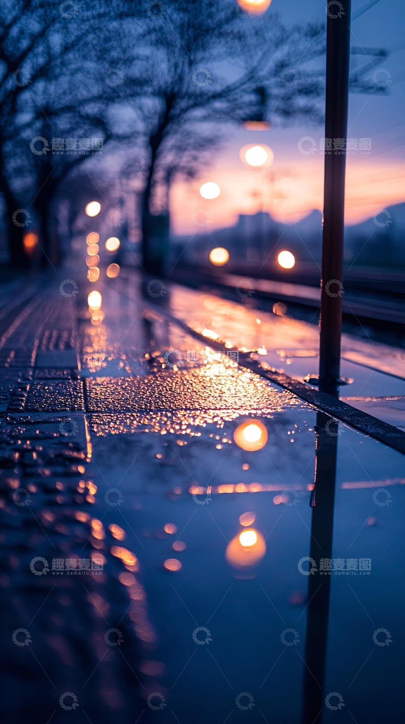 高清大图下载【趣麦麦图】雨后街道上的灯光倒影