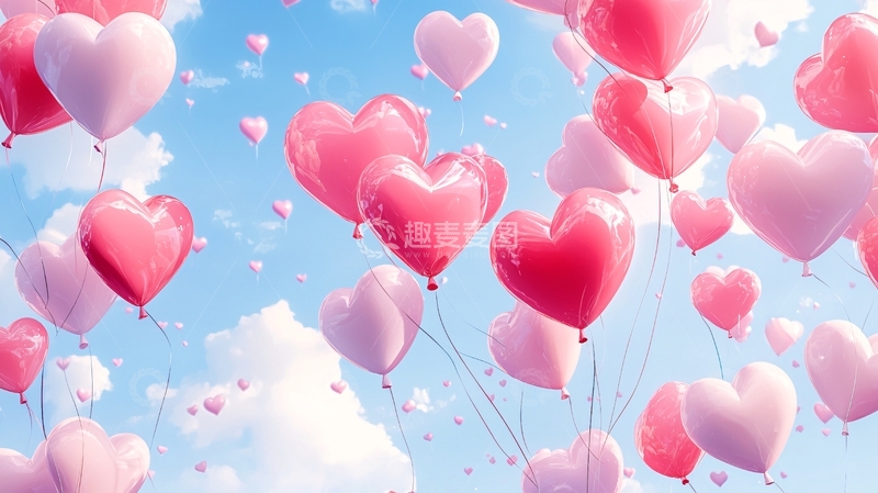 高清大图下载【趣麦麦图】粉色心形气球飘浮天空