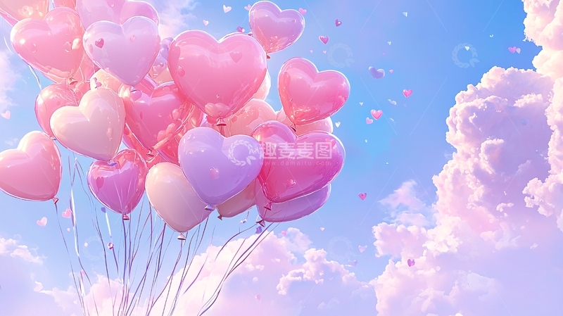 高清大图下载【趣麦麦图】粉色心形气球天空背景