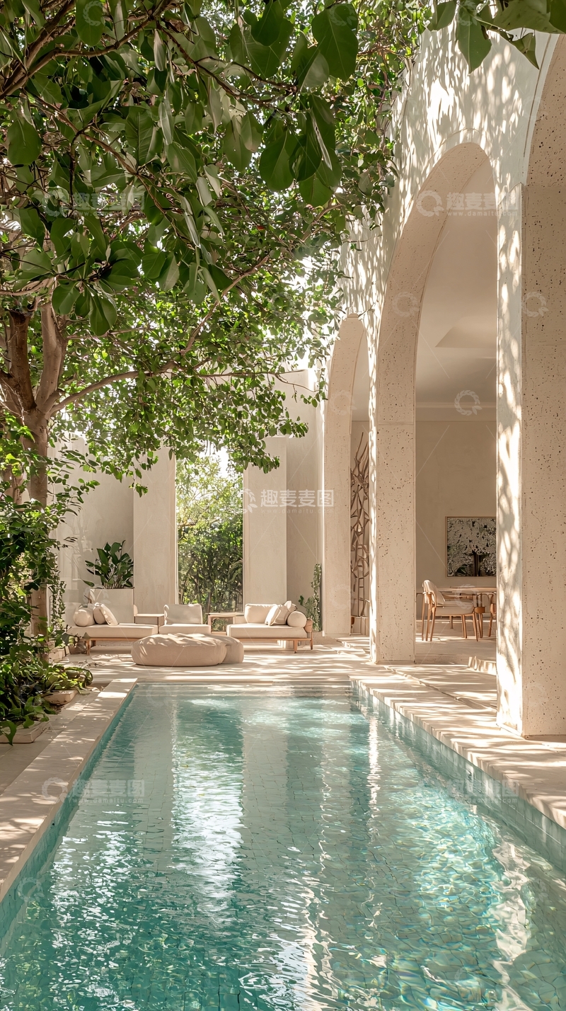 高清大图下载【趣麦麦图】庭院泳池与绿植光影