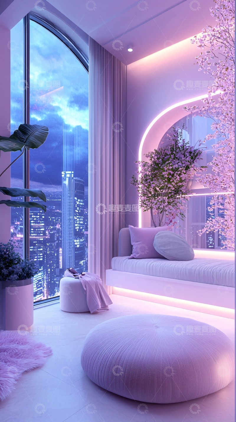 高清大图下载【趣麦麦图】梦幻紫色城市景观阳台