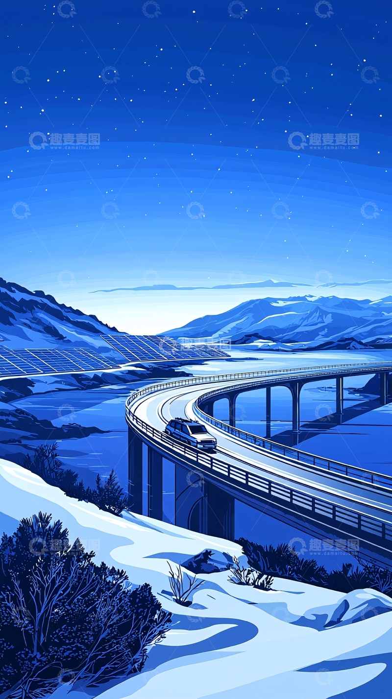 高清大图下载【趣麦麦图】夜晚雪山下的桥梁与太阳能板