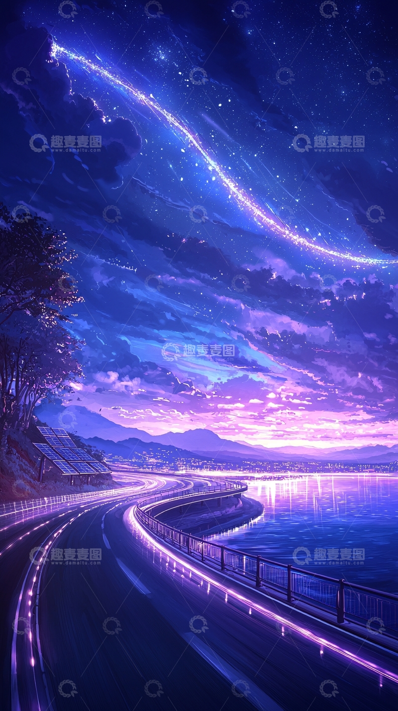 高清大图下载【趣麦麦图】夜晚海边公路星空美景