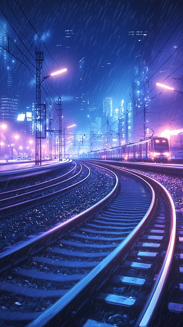 雨夜霓虹下的火车轨道
