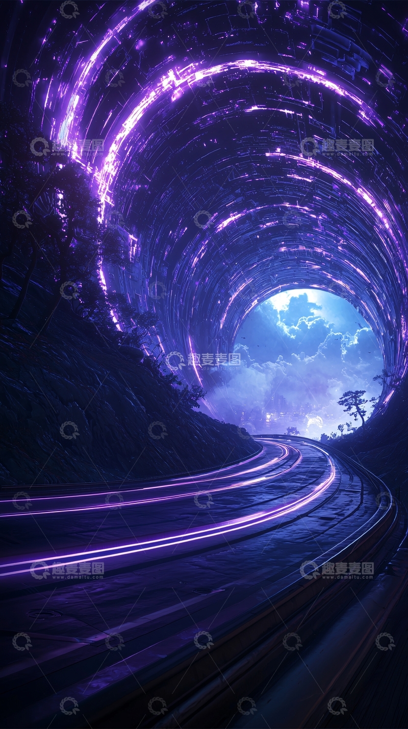 高清大图下载【趣麦麦图】紫色隧道与夜空的梦幻之旅