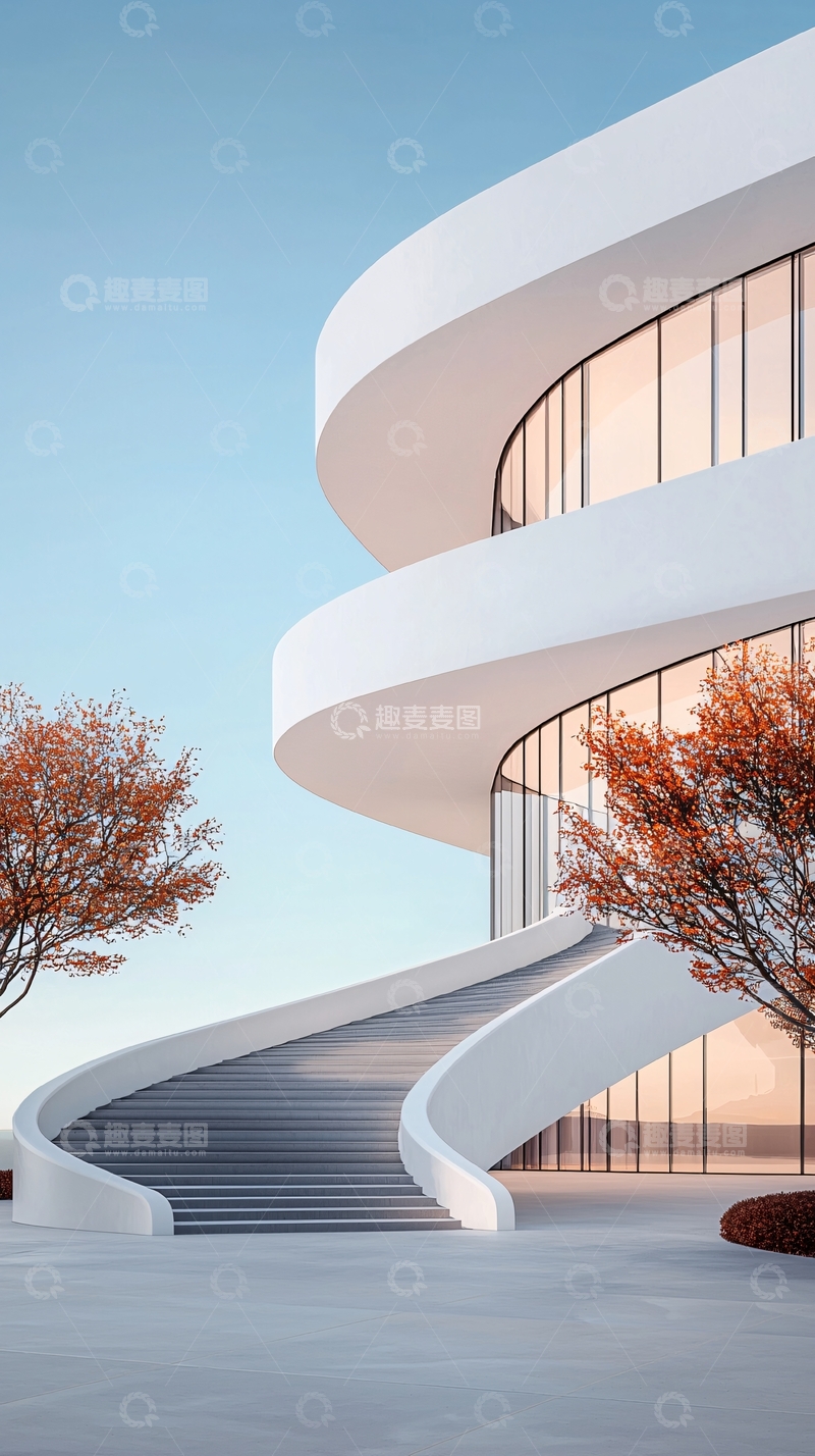 高清大图下载【趣麦麦图】现代建筑螺旋楼梯与秋树